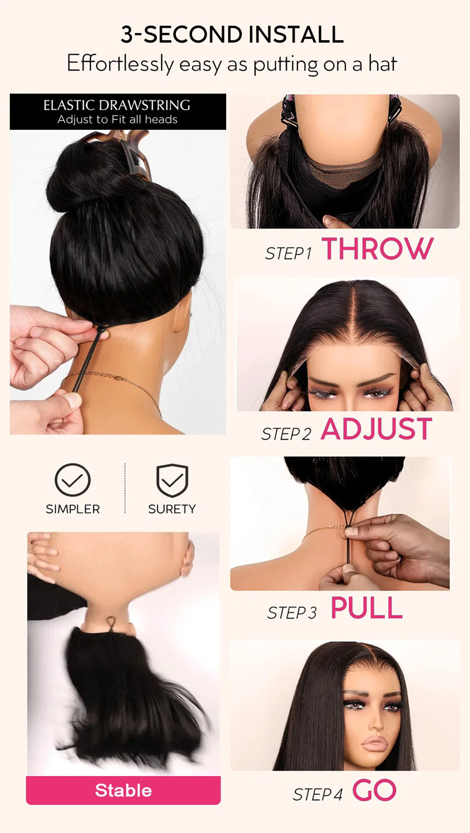 Glueless “Pull & Go” with Elastic Drawstring 250% Straight