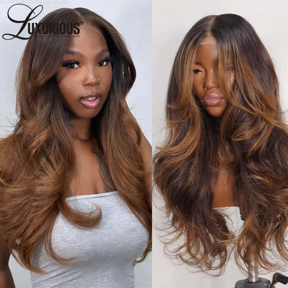 Inspired Layered | Highlight Ombre Brown  | Blowout Looks | Wear And Go Wig With Curtain Bangs
