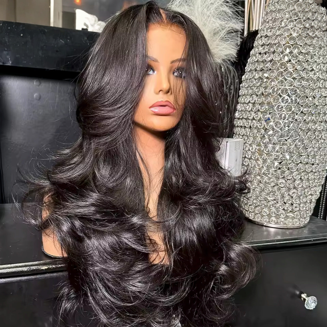 Exclusive #2 | 4x4 Lace Closure | Loose Deep Wave | Layered Natural Black | 250% Density | 24 Inches